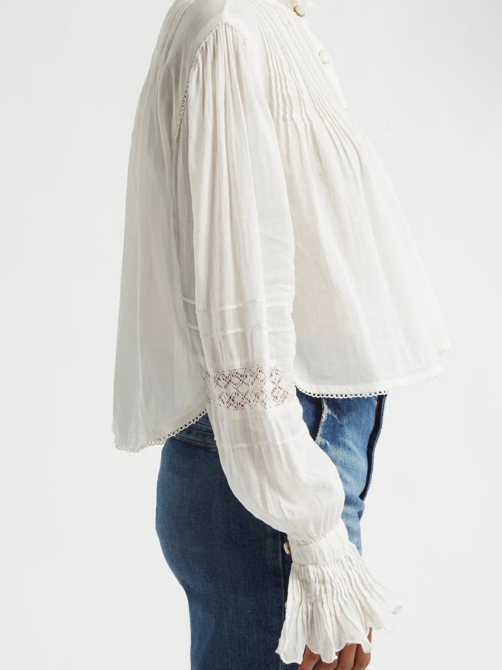 Farm Rio White Ruffle Sleeve Gold Button-Down Shirt | Size Large - Picture 3 of 8